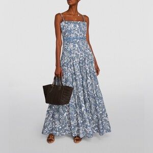 NWT Agua Bendita Lima Libelulas Dragonfly Noche Maxi Dress Linen Blue Floral M